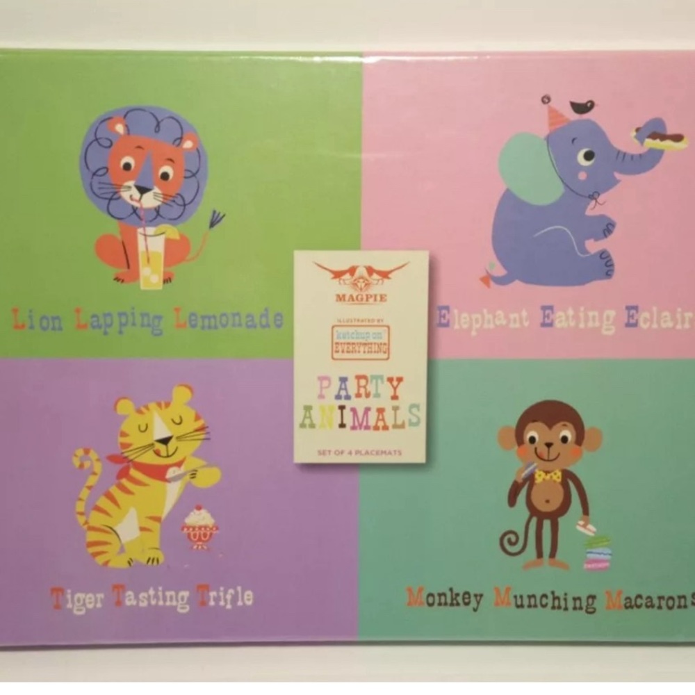 Magpie Party Animals Set Of 4 Cork-Backed Lacquer Coated Board Place Mats